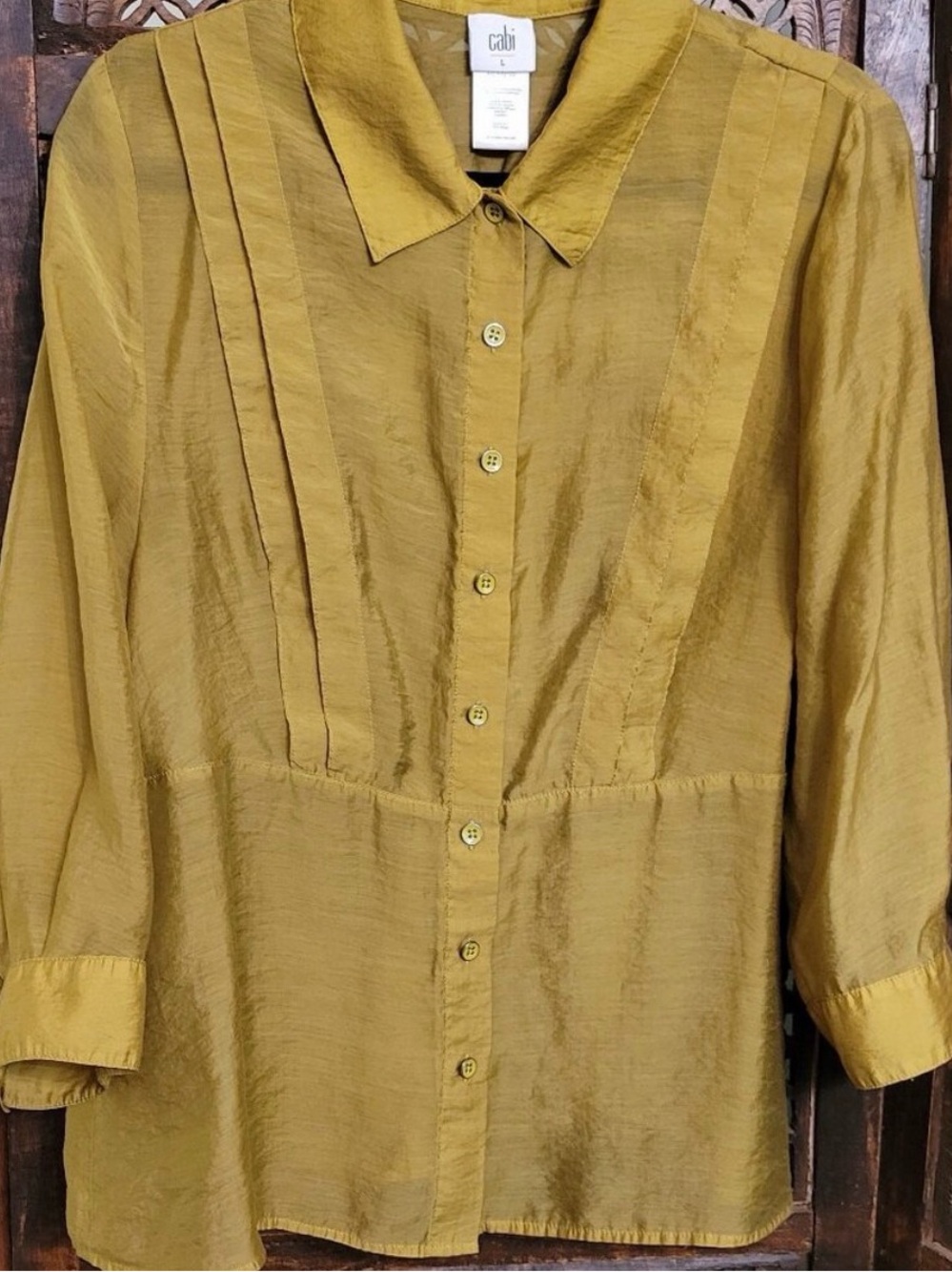 CAbi Olive-Mustard Pintuck Button-Front Blouse